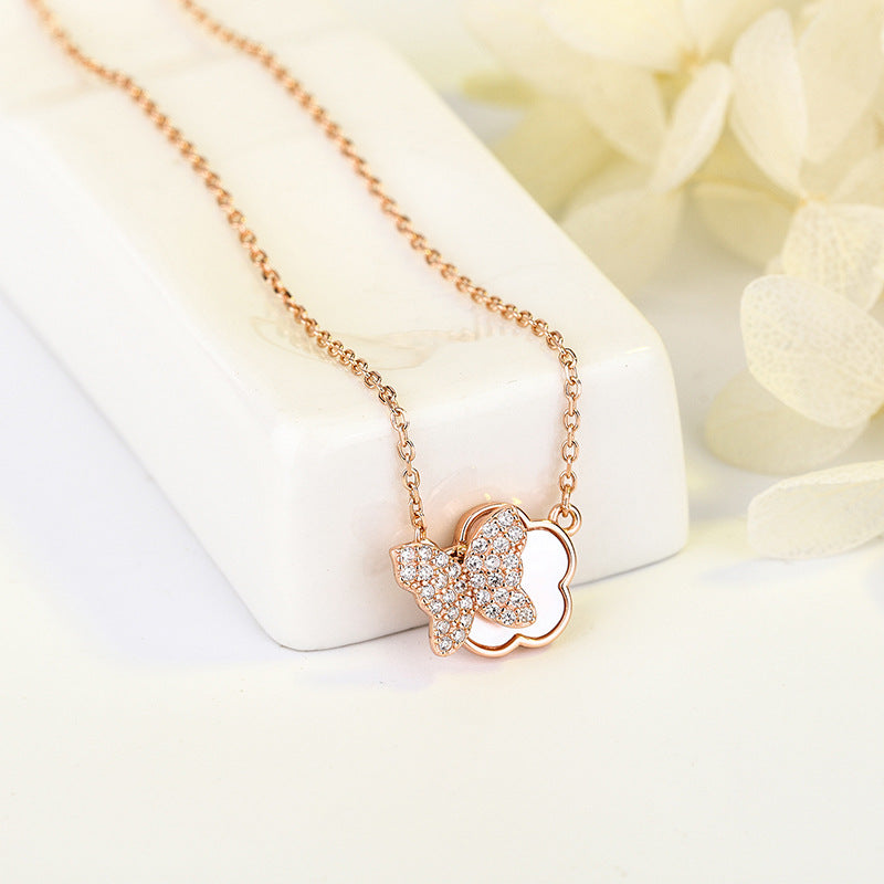 Creative Rotatable Full Diamond Butterfly Sterling Sier High-grade Natural Necklaces