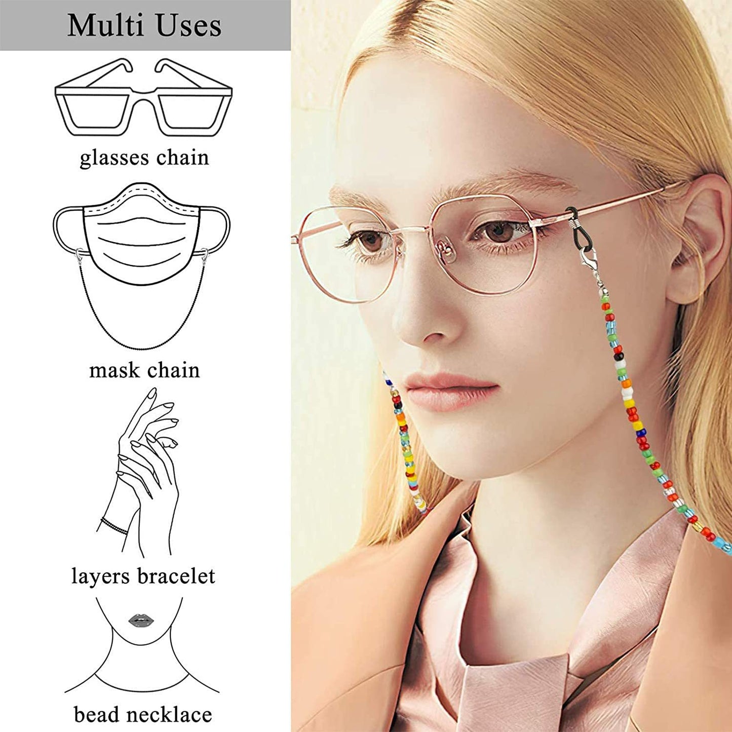 Mask Lanyard Glass Beads Eyeglasses Chain Necklaces