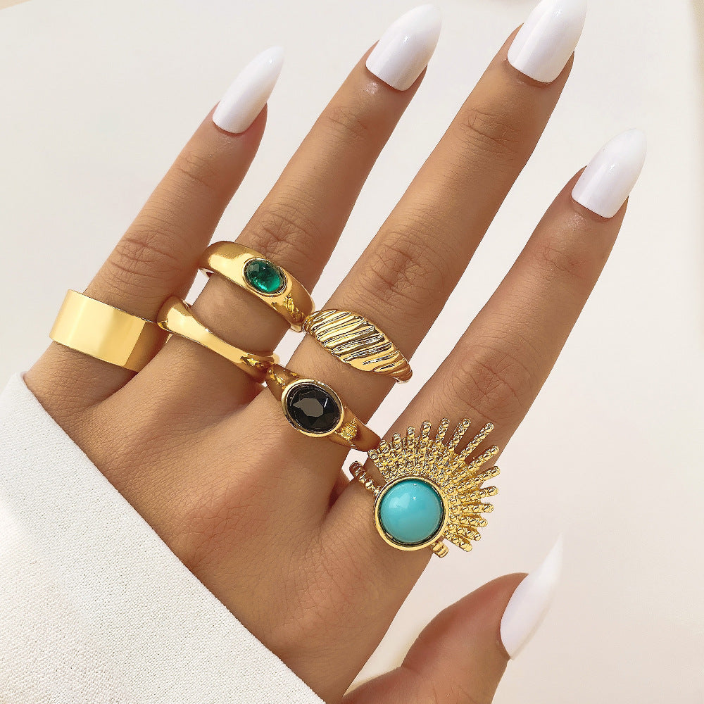 Women's Turquoise Twist Gold Wave Knuckle Rings
