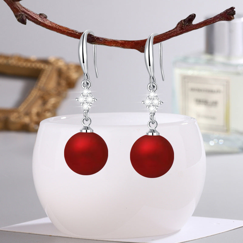 Inlaid Zircon Matte Red Round Beads Earrings
