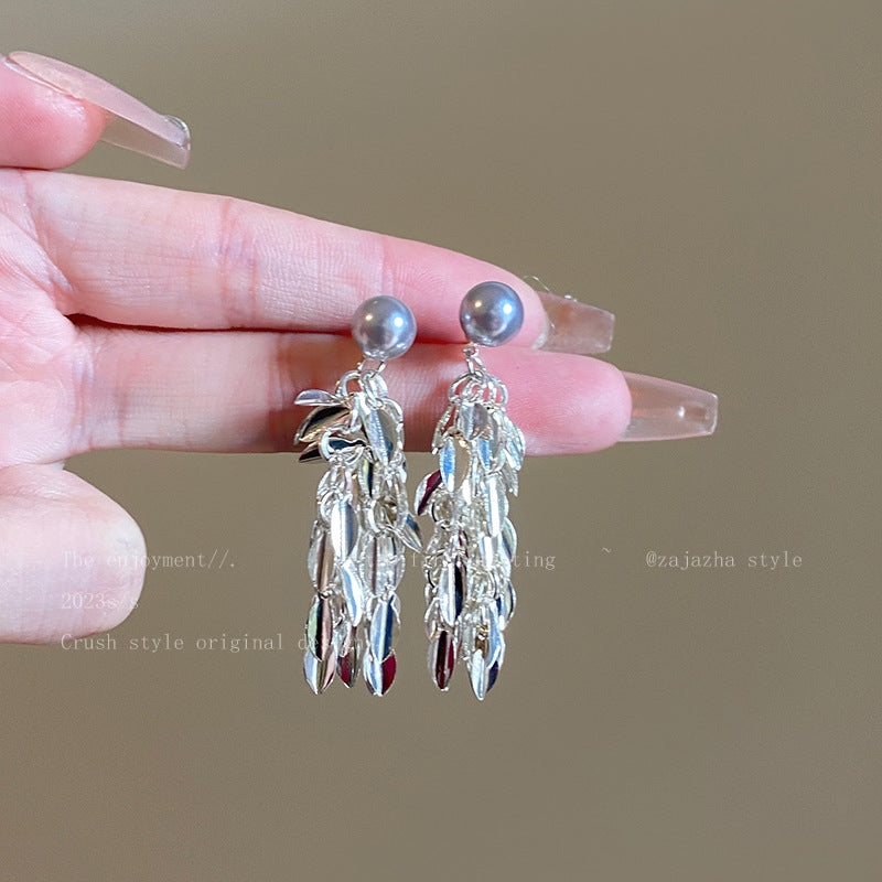 Sparkling Pearl Wheat Tassel Elegant Long Clear Earrings