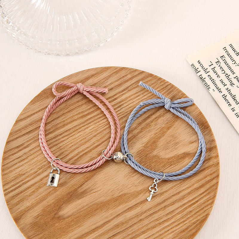 Simple Lock Key Rubber Band Rope Magnetic Couple Pair Bracelets