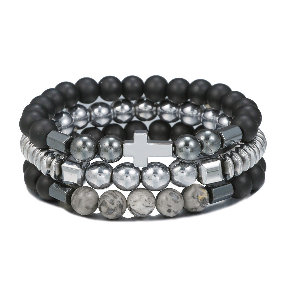 Men's Beaded Suit Map Stone Haematite Cross Bracelets