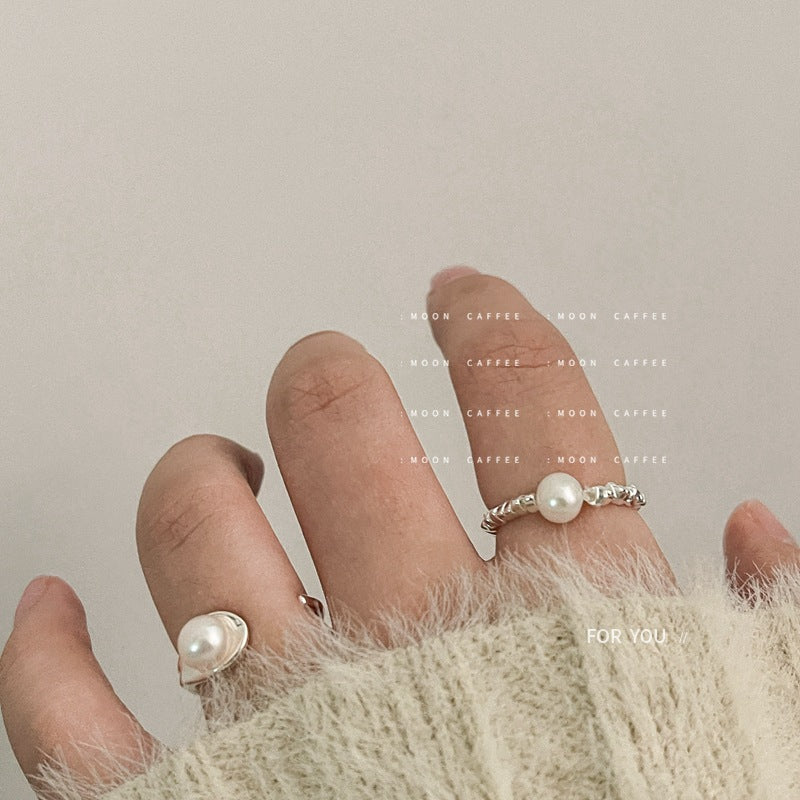 Women's String Small Pieces Of Sier Beaded Freshwater Pearl Adjustable Rings