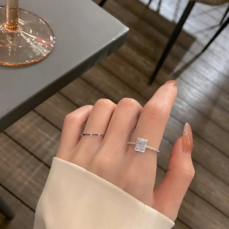 Light Luxury Zircon Super Flash Design Square Diamond Rings