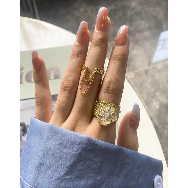 Women's Light Luxury Design Irregular Surface Crystal Pleated Texture Sterling Rings