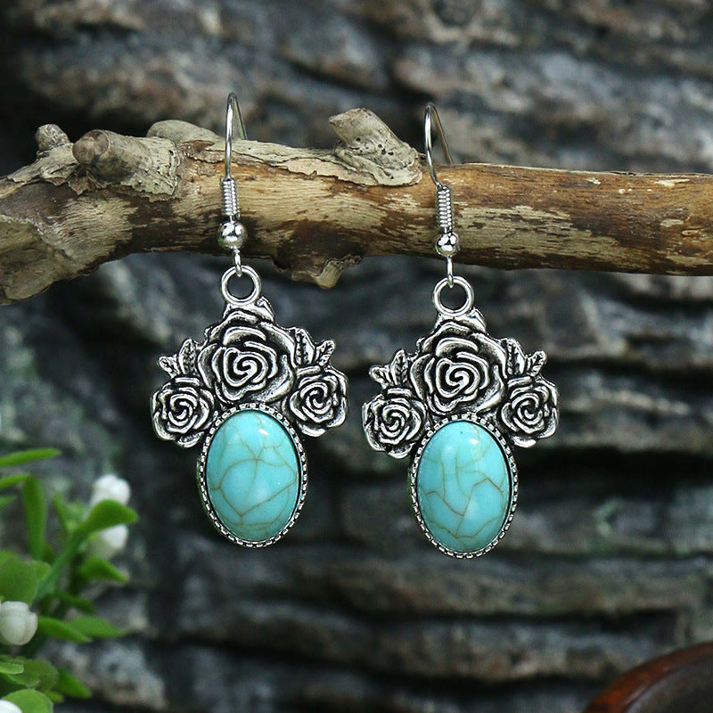 Women's Vintage Acrylic Turquoise Suit Minority Ancient Alloy Earrings