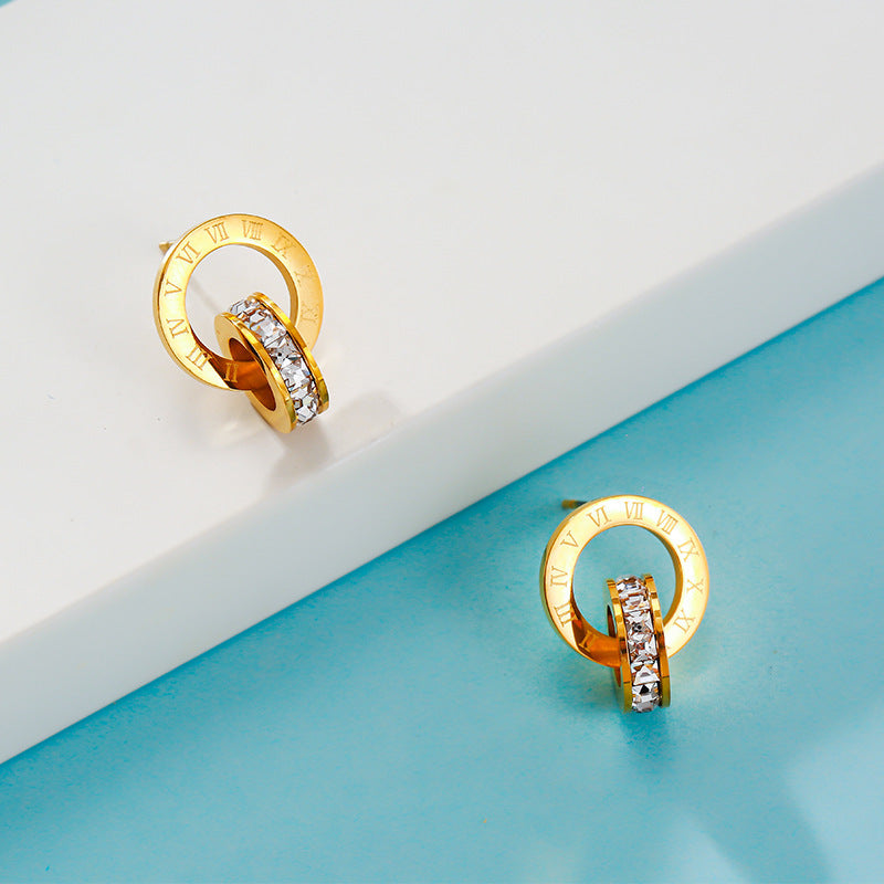 Roman Diamond Creative Rose Gold Titanium Steel Female Double Earrings