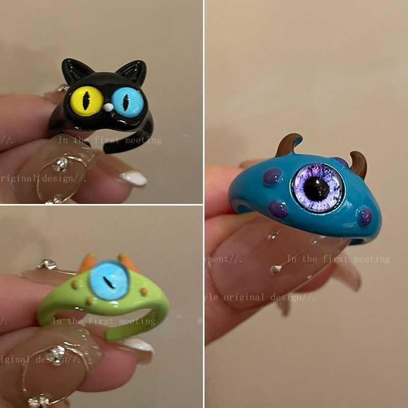 Cute Small Monster Black Cat Female Rings