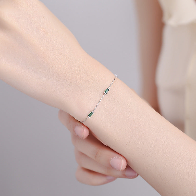 Women's Sier Green Square Diamond Simple Box Chain Bracelets