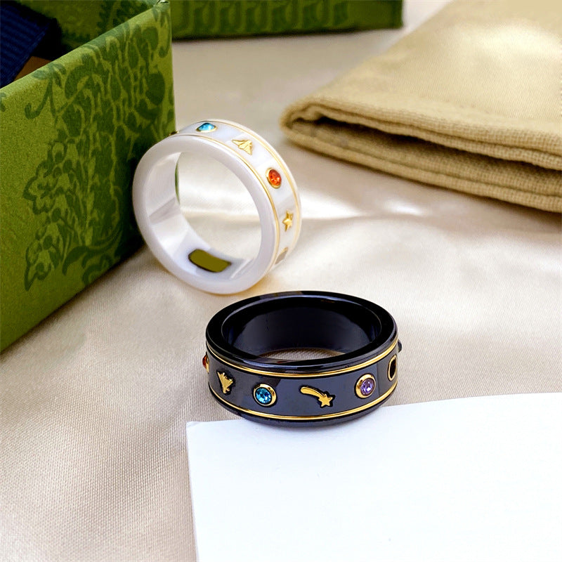 Bee Planet Ceramic Trendy Unique Couple Black Rings