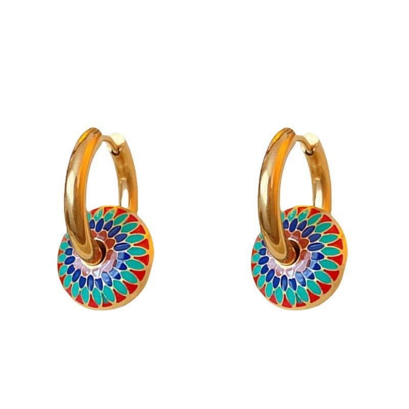 Women's Vintage Painted Daisy Pattern Titanium Steel Earrings