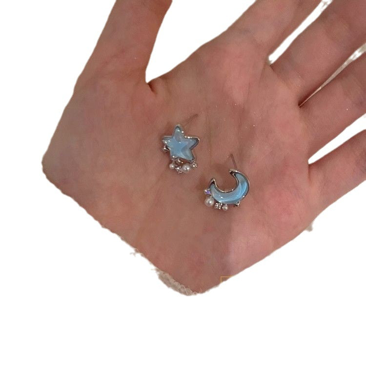 Women's Blue Star Moon Pearl Niche Design Earrings