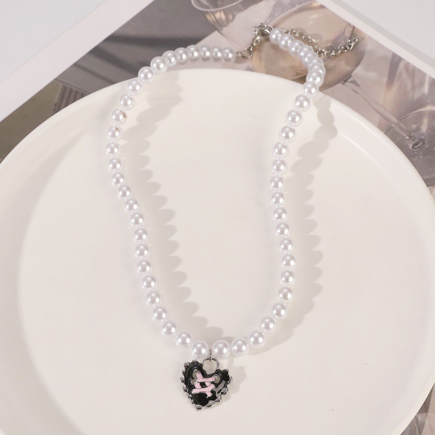 Gothic Retro Pink Cross Cat Stringed Pearls Necklaces