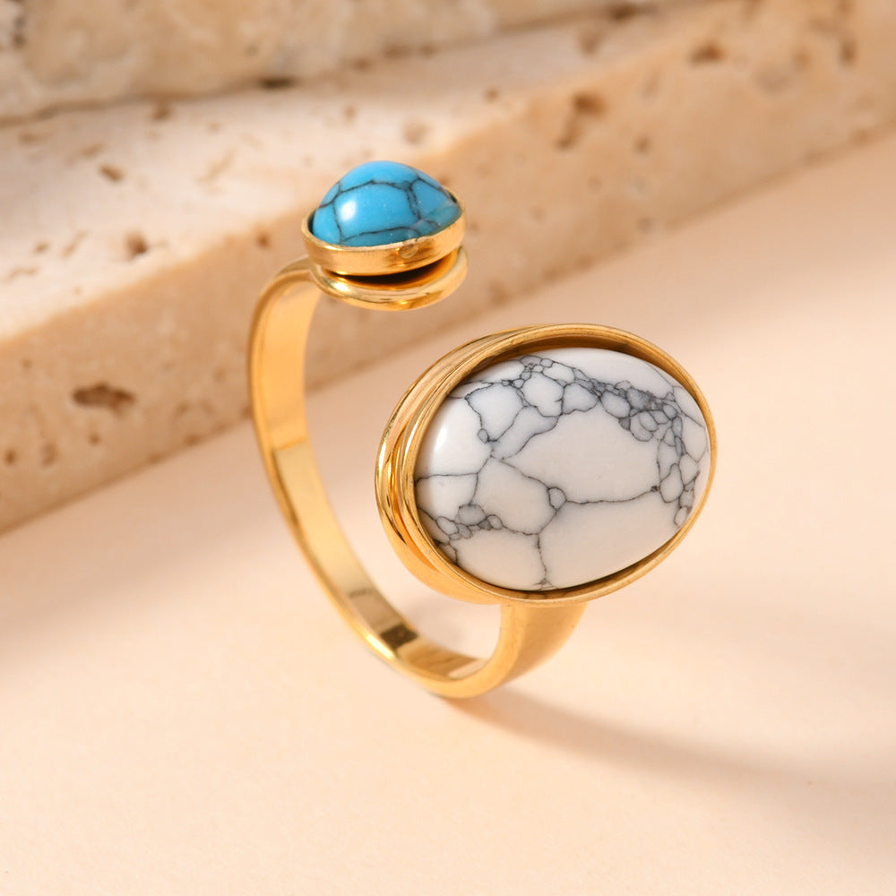 Turquoise Female Fashion Temperament Oval Inlaid Jewel Open Rings