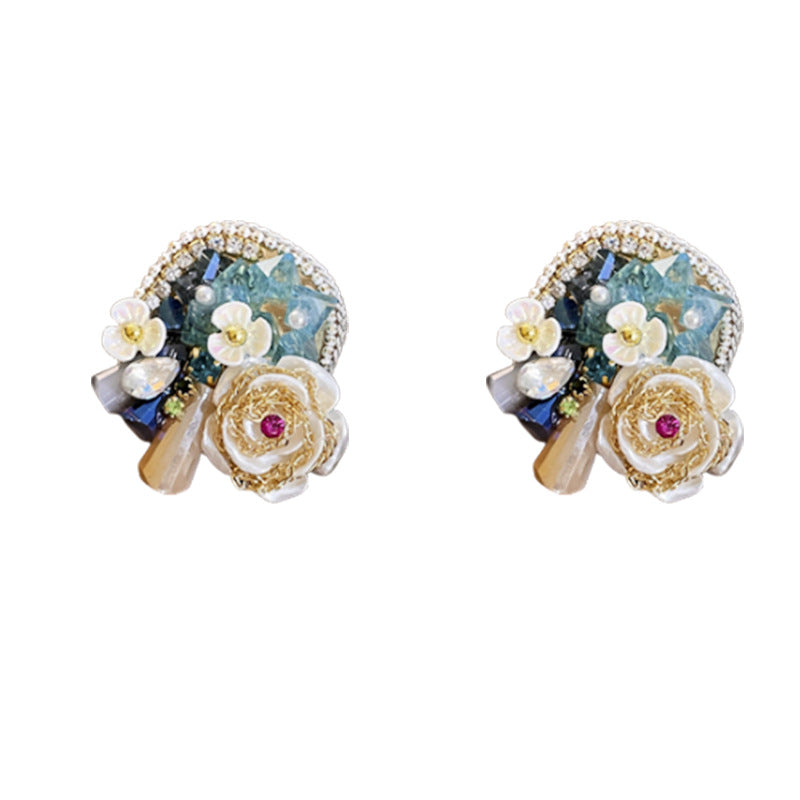 Women's Sier Needle Pearl Diamond Crystal Flower Rings