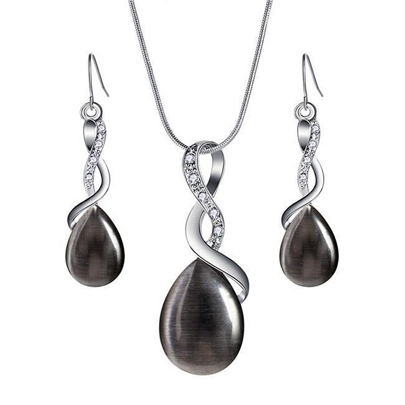 Simple Pink Water Drop Cat's Eye Rhinestone Jewelry Set