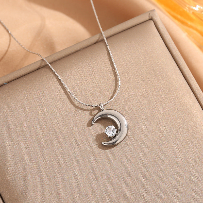 Crescent Moon Rhinestones Titanium Steel Goddess Necklaces