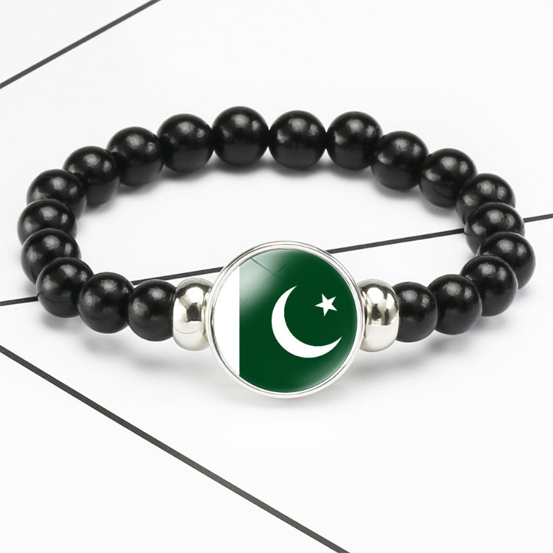 Flag Pattern Time Stone Black Elastic String Beads Bracelets