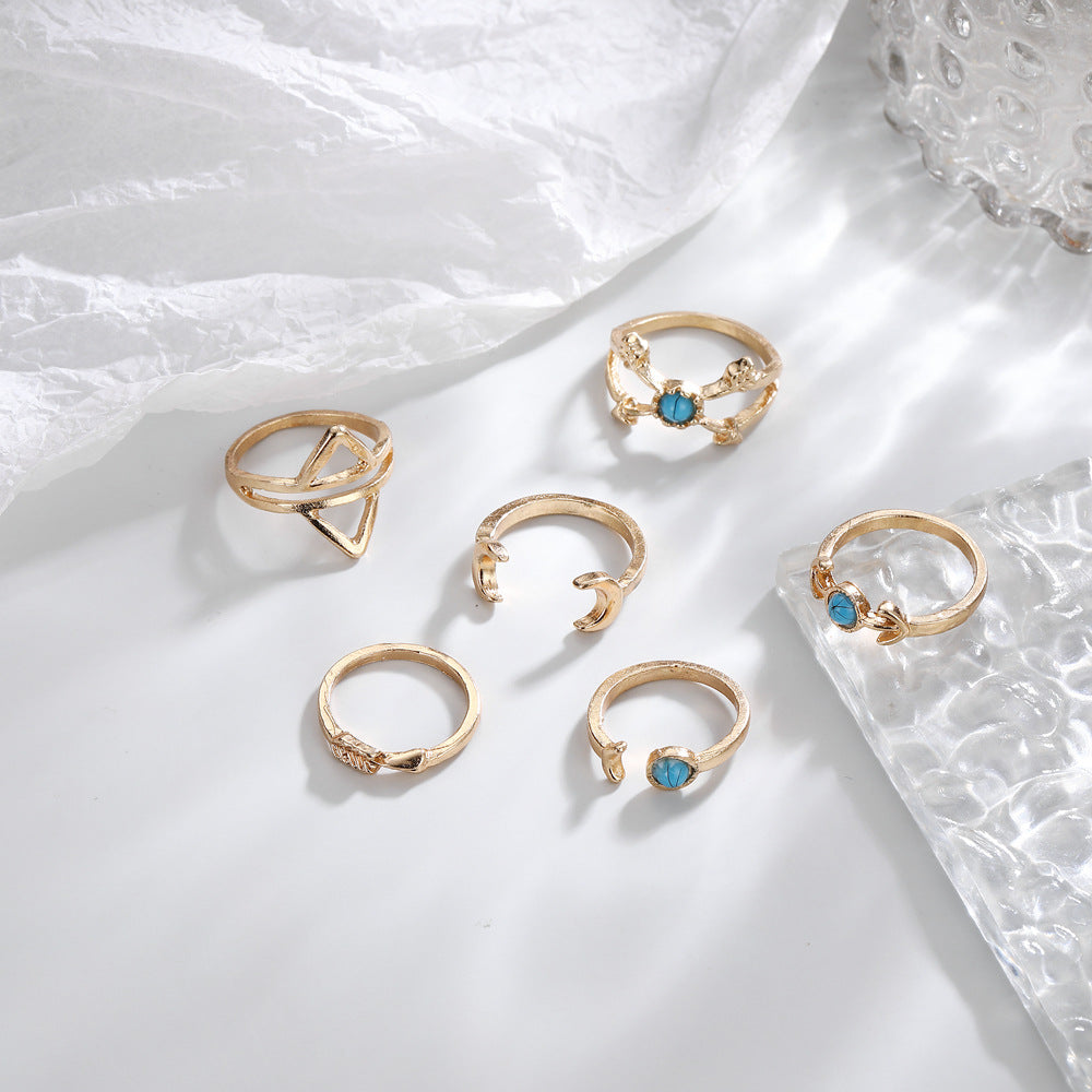 Retro Turquoise Moon Arrow Triangle Hollow Open-end Rings