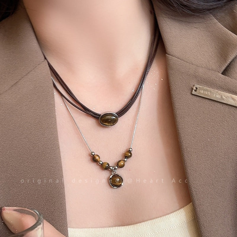 Women's Tiger Eye Chinese Style Twin Niche Graceful Clavicle Necklaces