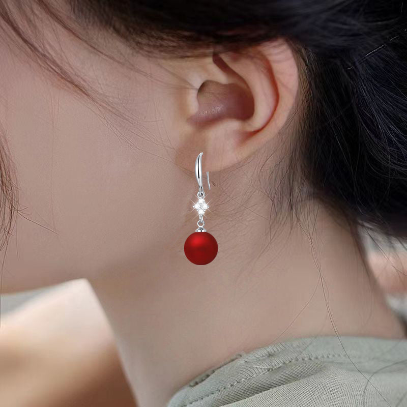 Inlaid Zircon Matte Red Round Beads Earrings