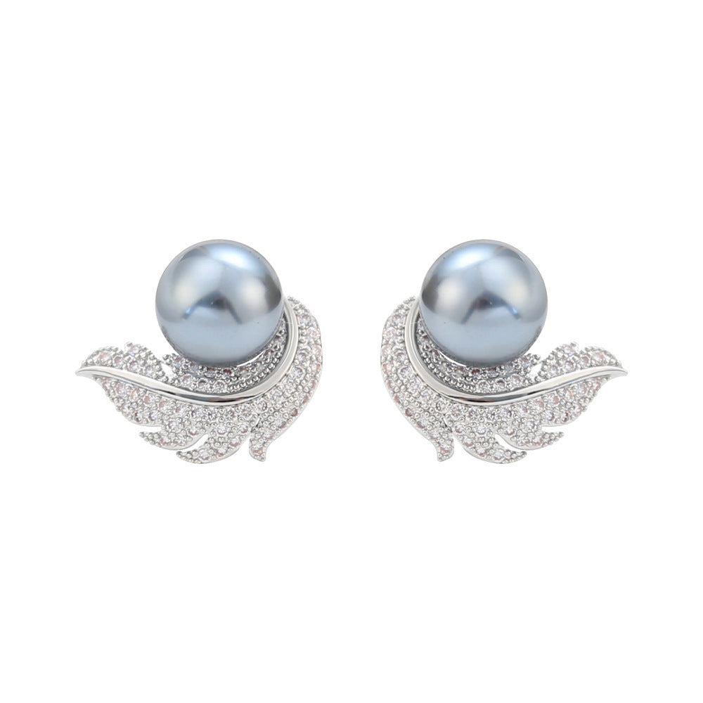 Zircon Feather Pearl High-grade Design Light Earrings