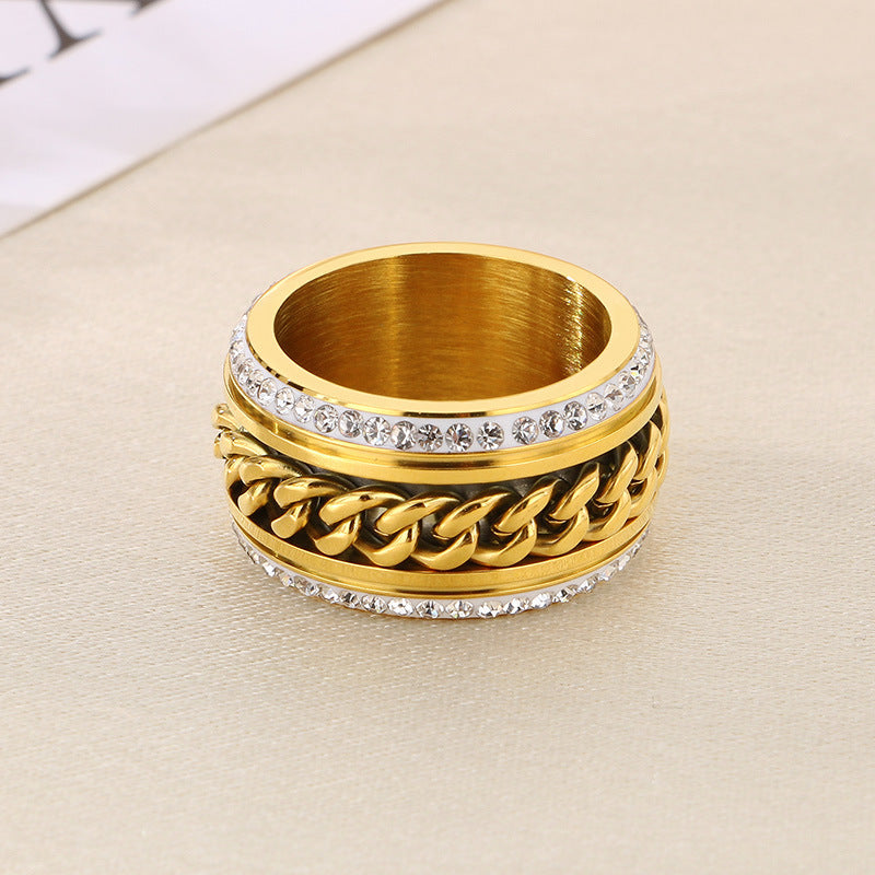 Women's & Men's Hop Side Rhinestone Chain Elegant Golden Wide Rings