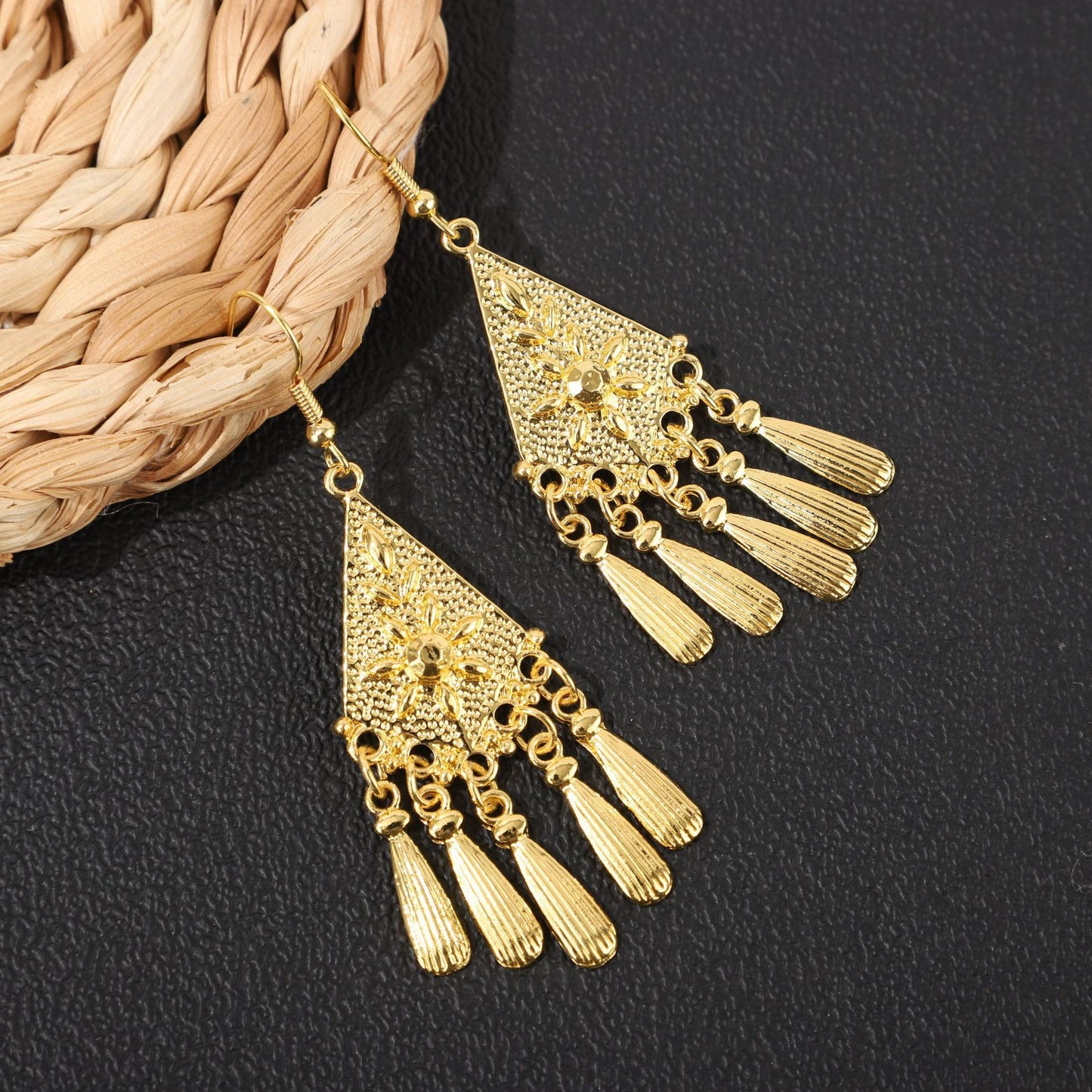 Golden Bell Tassel Bohemian Leaf National Earrings