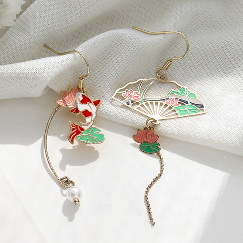 Fan Asymmetric Long Tassel Imitation Pearl Painting Earrings