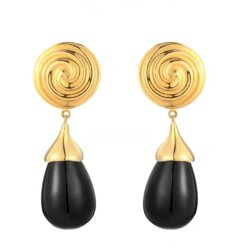 Vortex Dangling Beads Obsidian Copper Plated Earrings