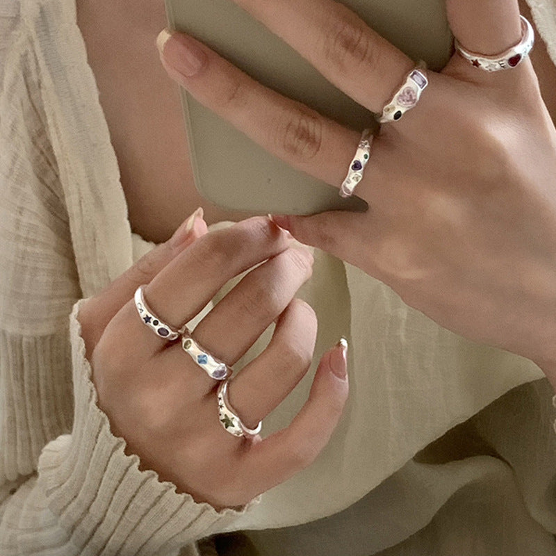 Women's Colorful Heart-shaped Zircon Style Combination Niche High Rings