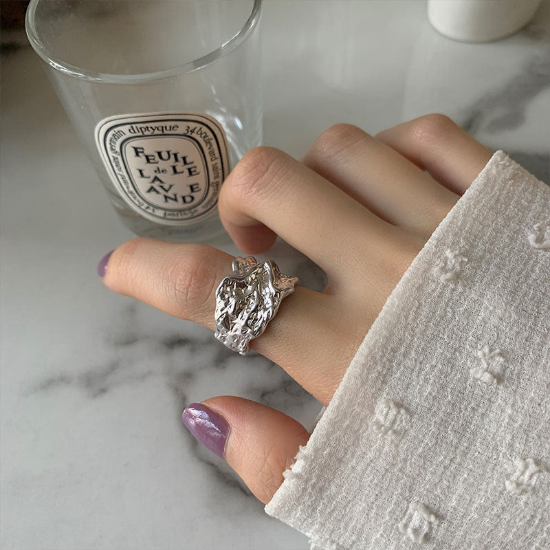 Women's Retro Open Pleated Irregular Concave Sterling Sier Rings