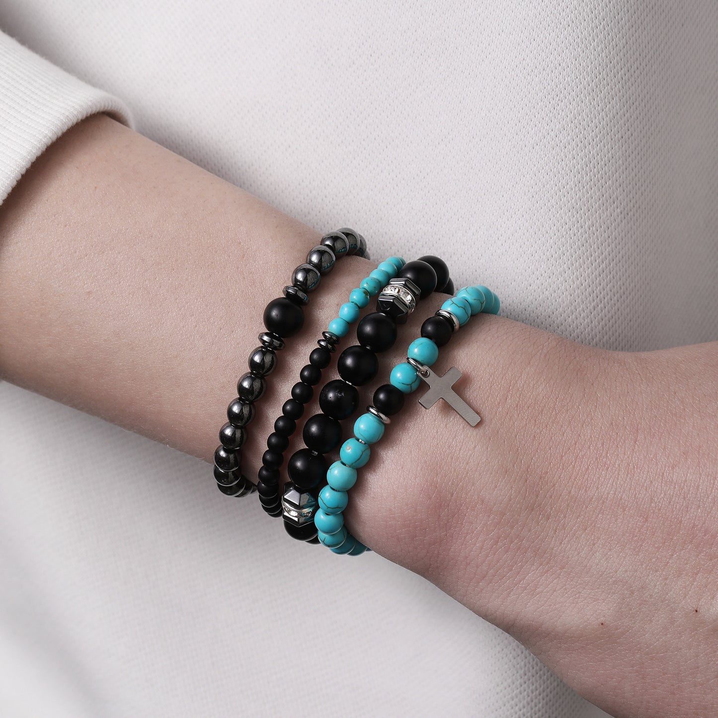 Men's Beaded Suit Map Stone Haematite Cross Bracelets