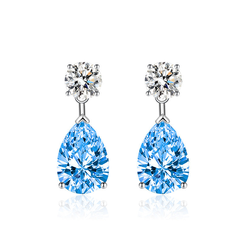 Women's Sier Needle Water Drop-shaped Inlaid Oval Sapphire Colored Gems Long Earrings