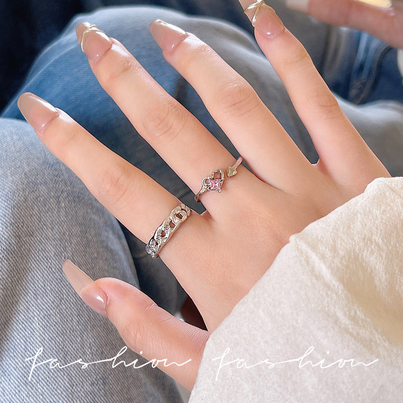 Sweet Cool Pink Diamond Love Heart-shaped Female Design Rings