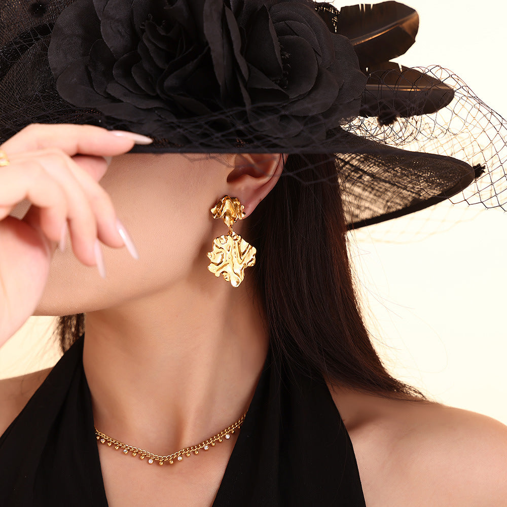 Personality Trendy Hammered Pleated Leaves High-key Earrings