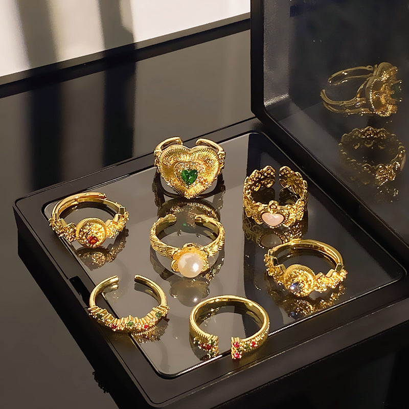 Brushed Heart-shaped Open Court Fashionable Temperamental Zircon Rings