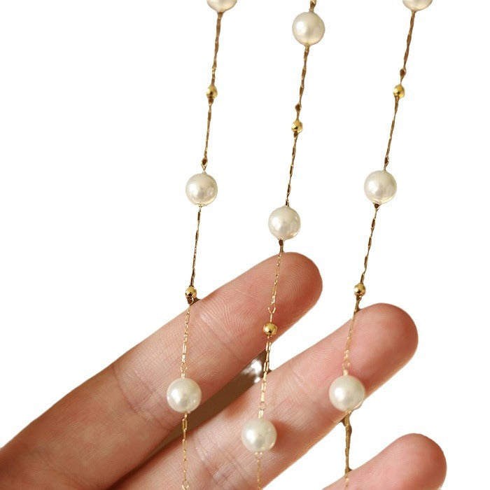 Strong Light Pearl Golden Balls Design Titanium Steel Female Necklaces