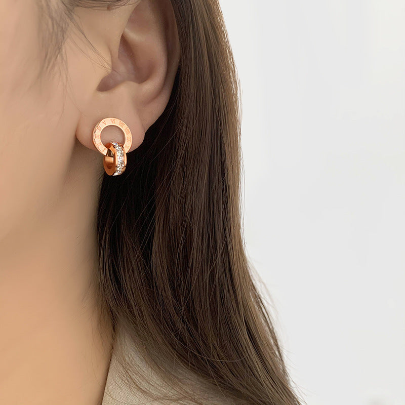 Roman Diamond Creative Rose Gold Titanium Steel Female Double Earrings