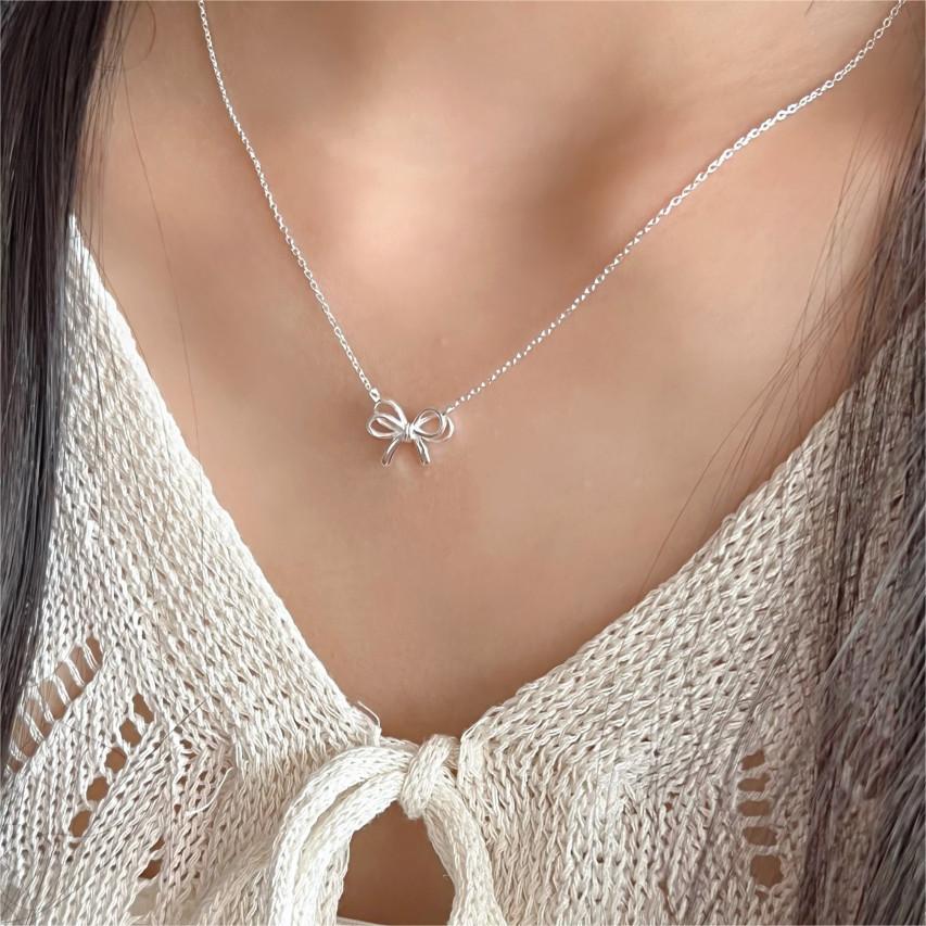Fan Korean Style Sterling Sier Bow Necklaces