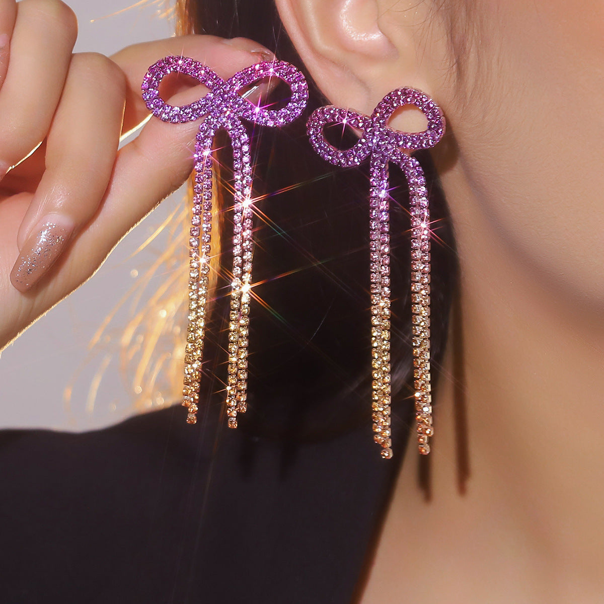 Bow Long Fringe Fashion Shiny Rhinestone Rings