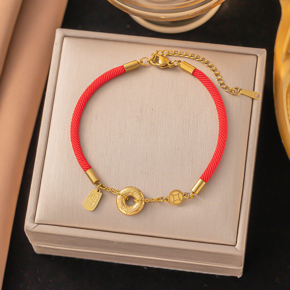 Red Rope Roman Numerals Double Peach Heart Bracelets