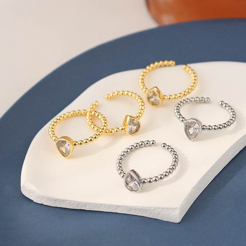 Brass Inlaid Water Drop Rhinestone Open Rings