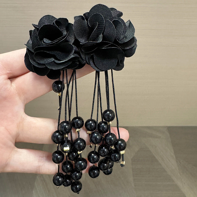 Exquisite Eye-catching Advanced Fabric Flower Beaded Tassel Long Rings