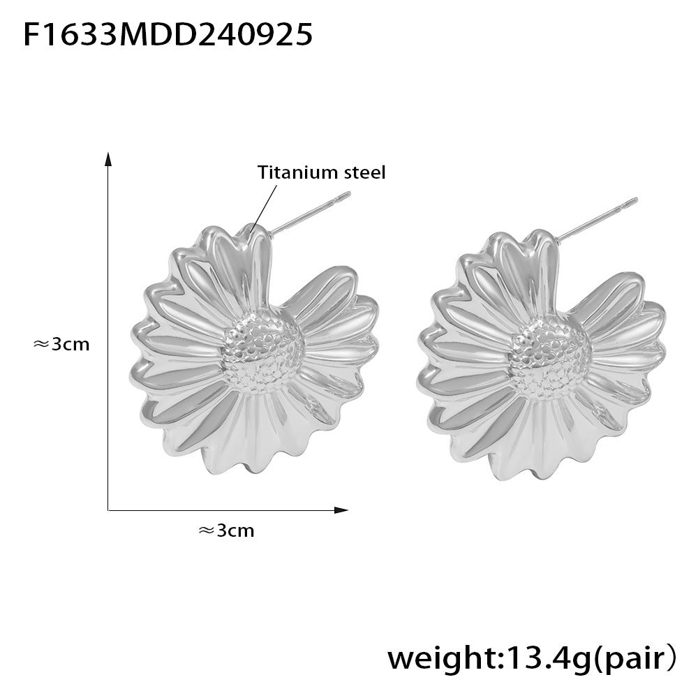 Titanium Steel Gold-plated Pleated Wave Chrysanthemum Earrings