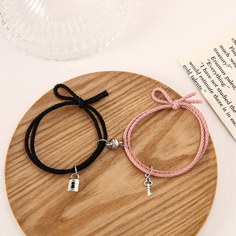 Simple Lock Key Rubber Band Rope Magnetic Couple Pair Bracelets