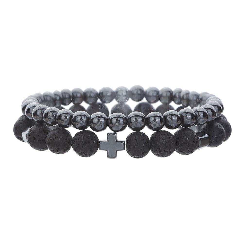 Men's Beaded Suit Map Stone Haematite Cross Bracelets