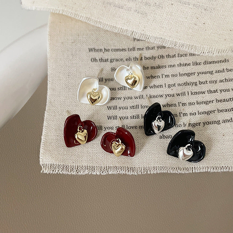 Niche Design Dripping Oil Love Heart Earrings