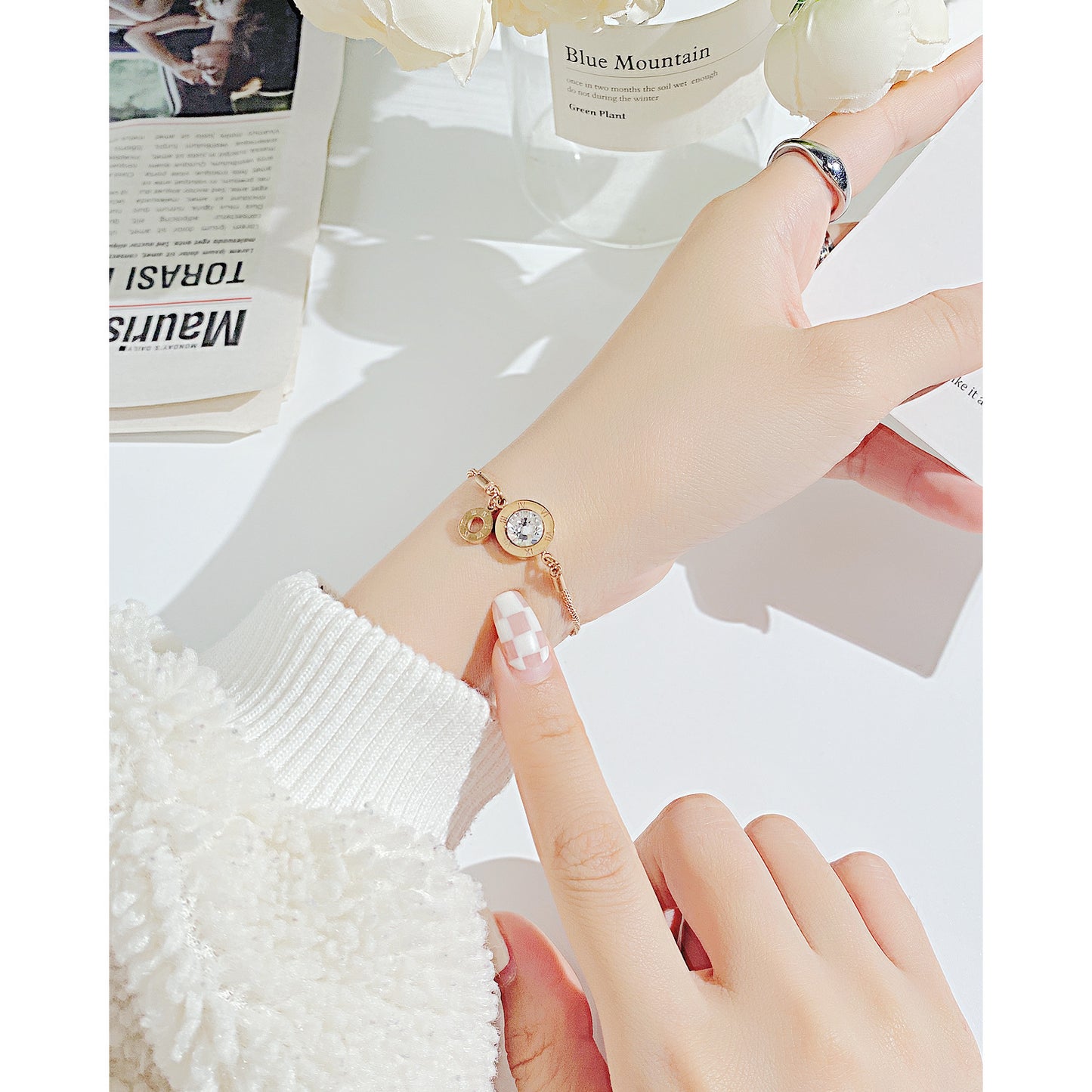 Numerals Inlaid Zircon Rose Gold Plated Bracelets